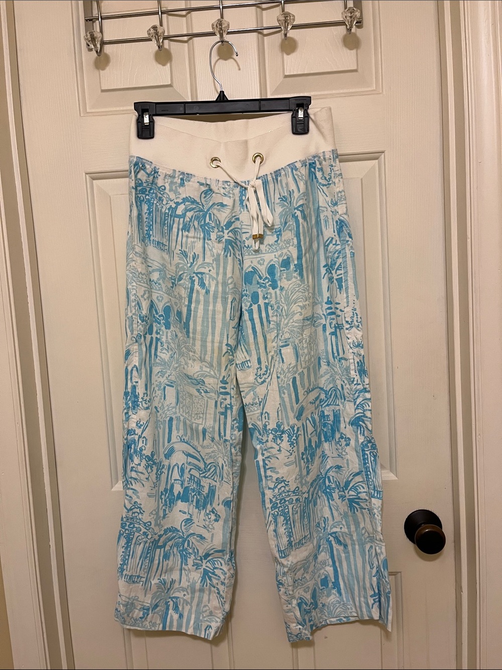 Light Blue & Cream Drawstring Tropical Print Pants